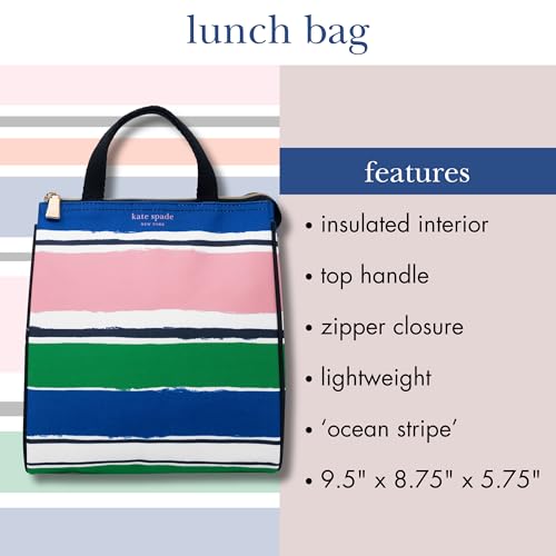 Image of kate spade new york Cute Lunch Bag for Women, Large Capacity Lunch Tote, Adult Lunch Box with Silver Thermal Insulated Interior Lining and Storage Pocket, Ocean Stripe