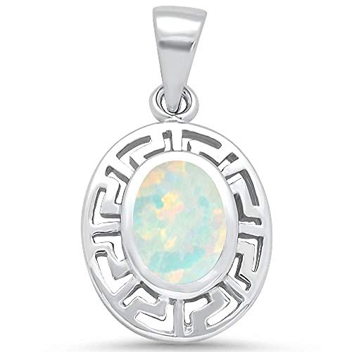 CloseoutWarehouse White Simulated Opal Greek Key Oval Dangling Pendant Sterling Silver