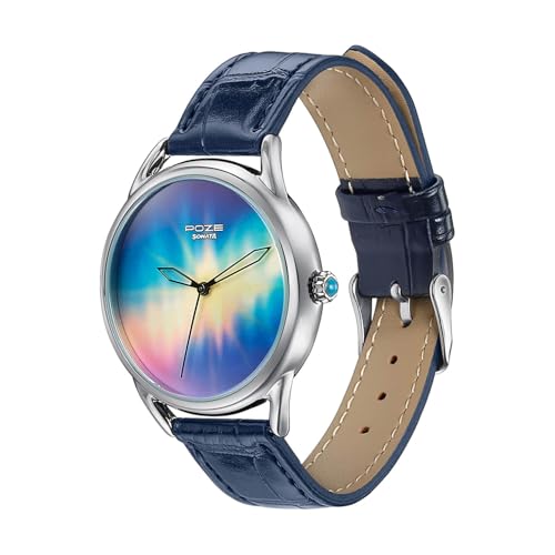 Image of Sonata Poze 8 Quartz Analog Northern Lights Inspired Watch for Unisex with Blue Luminous Dial & Dark Blue Leather Strap - SP70100SL03W