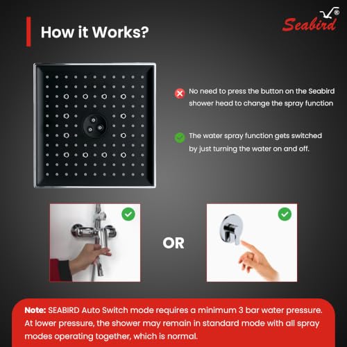 Image of SEABIRD ABS AutoSwitch 8x8 Inch Shower Head | 3 Modes: Rain, Dancing & Mist | Auto Mode Change via ON /OFF Works Only with 3 Bar Water Pressure or Pump | Low Pressure May Cause Single /Mixed Modes