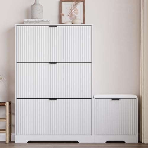 Image of BORNOON Slim Shoe Cabinet with Bench for Entryway, Hidden Storage and Adjustable Shelves, Free Standing Wooden Shoes Organizer for Foyer, Hallway