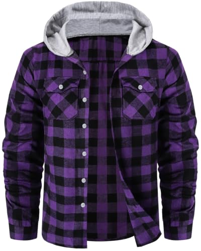 Image of Cromoncent Men Flannel Hoodie Plaid Button Down Jacket Long Sleeve Shirts
