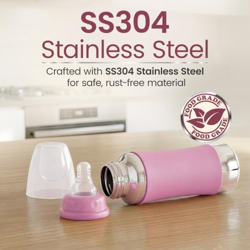 Image of LuvLap Baby Steel Feeding Bottle 240ml, Made of SS304 Rust Free Steel, Baby Milk /Water Bottle with Dust Cover, Heat Protective Silicone Cover, BPA Free, Odour Free, Leak Proof, Pink, 0M+