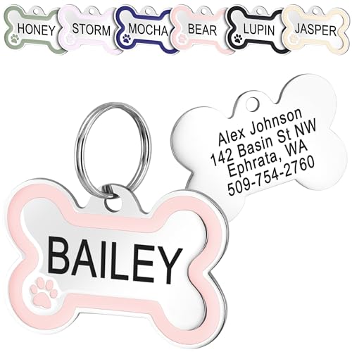 GoTags Stainless Steel Bone Dog Tag with Color Outline and Paw Print, Personalized Pet ID Tag for Dogs and Cats, Custom Engraving with up to 5 Lines of Text on Both Sides (Pink, Regular)