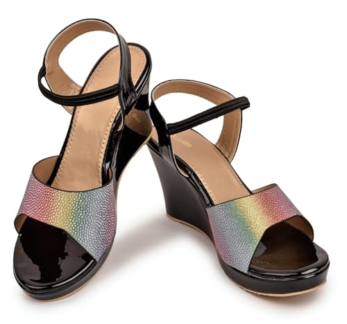 Image of Action Women's Platform Stiletto Sandals|with Rainbow Print| Heel| Ankle Strap| Open Toe Design Black
