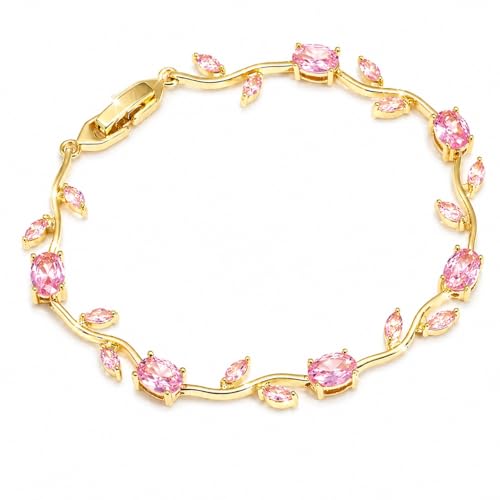 Image of Amaal Bracelets for Women Stylish Gold Plated Tulip American Diamond CZ Stone Bracelet with Leaf Design, Adjustable Link Chain, Anti Tarnish Stainless Steel Jewellery for women Girls Gifts 487