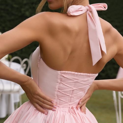 Image of Women's Y2K Sexy Halter Corset Mini Dress Backless Corset Bubble Ruched Waist Club Party Dresses
