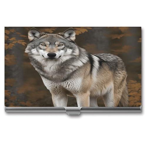 VstaDank Wild Wild Gray Wolf Business Card Holder Fashion Aluminum Alloy Flip Cover Credit Card Holder High End Professional Name Cards Case Exquisite Pocket Metal Cards Holder for Work