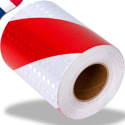 Ruban Reflechissant Adhesif Rouge/Blanc ✮Marque Francaise✮ Bande Reflechissante Autocollante 10cmx10M Bande Reflechissante Camion Voiture Route Remorque Ruban...