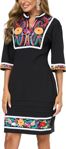 Women's Boho Dress Summer Dresses Peasant Spring Floral Embroidered V Neck 3/4 Sleeves Fromal Party Dress2