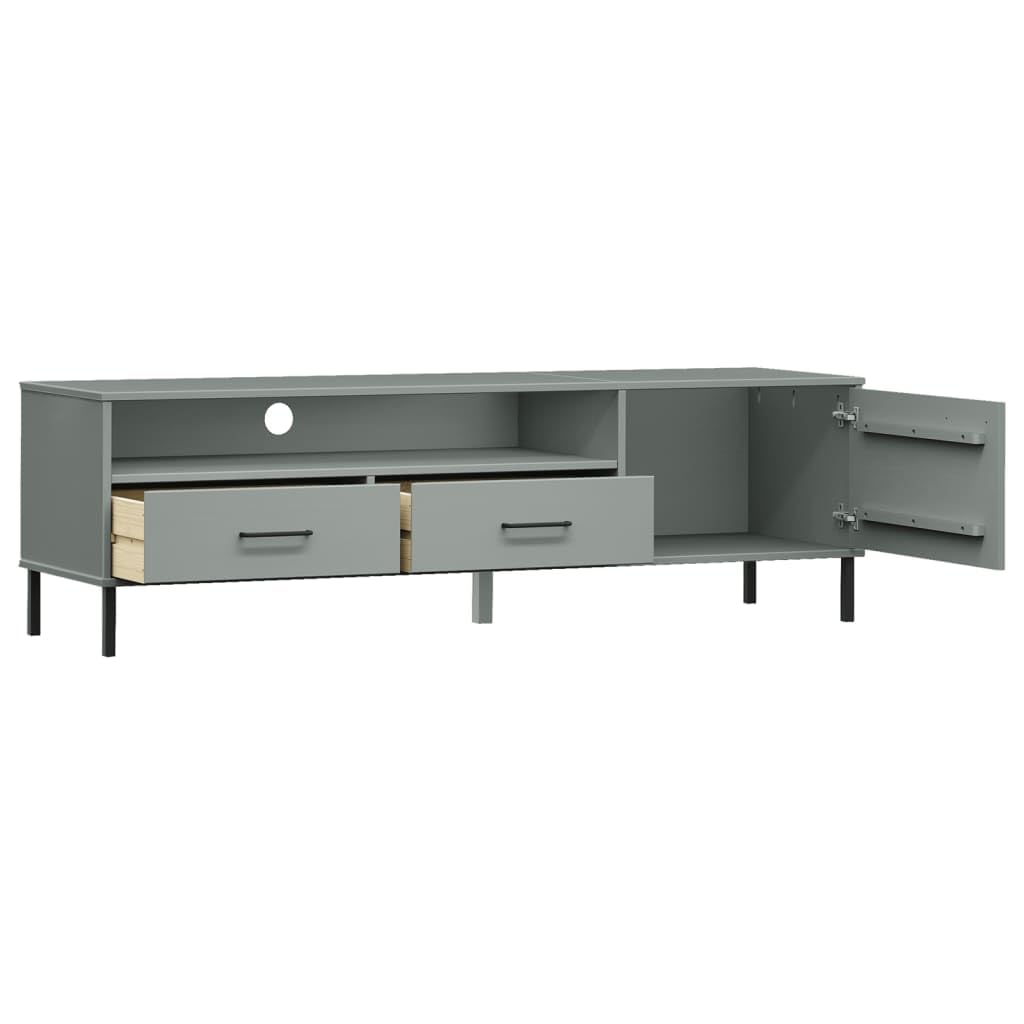 Oslo Mobile TV grigio in legno massiccio di pino, 158 x 40 x 46,5 cm, con gambe in metallo, 2 cassetti, centro di intrattenimento per soggiorno, stabile supporto TV
