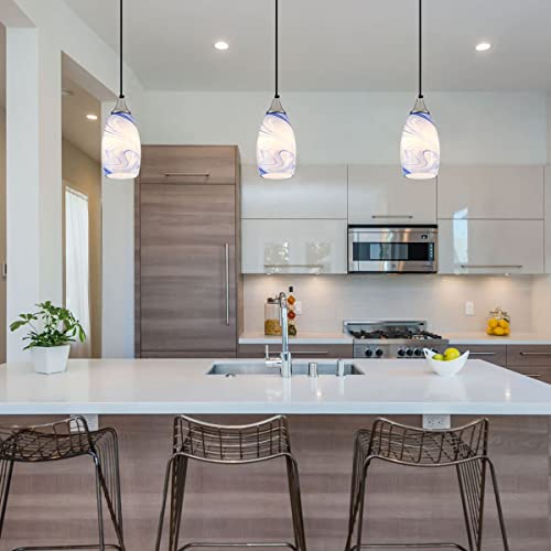 Glass Pendant Light With Handblown Blue Marble Art Glass Shade Adjustable Cord Modern Lamp Ceiling Pendant Light Fixture For Dining Room, Kitchen,Foyer, Hallway (Blue Marble, 1-Light) #TOP6