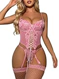 WDIRARA Women's 4 Pieces Floral Embroidery Mesh Lace Up Tie Front Lingerie Set with Stocking Pink Medium