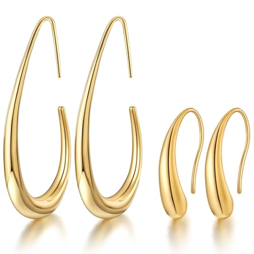 2Pairs Lightweight Teardrop Hoop Earrings for Women – 18k Gold Plated Large Small Size Oval Pull Through Hoop Earrings Teen Gift High Polished Statement Jewelry for Women