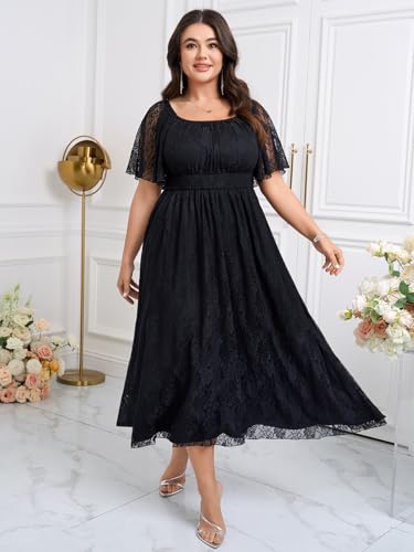 Women's Plus Size Wedding Guest Dress Lace Square Neck Short Sleeve Flowy A Line Formal Maxi Dresses2