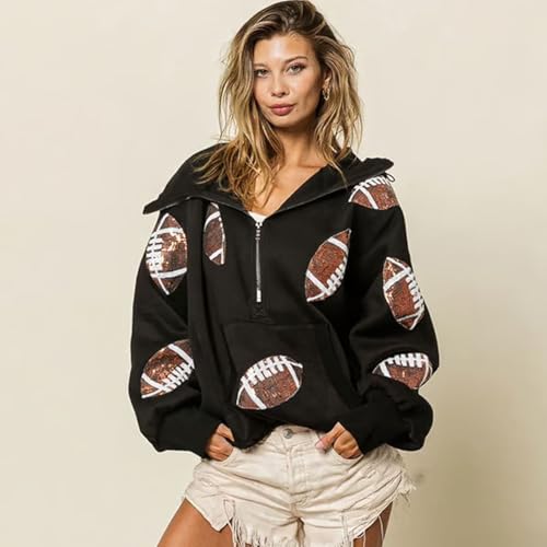 Glam Kickoff Long Sleeve Zip Hoodie, Football Hoodies for Women, Sequin Football Patchwork Rugby Tops2