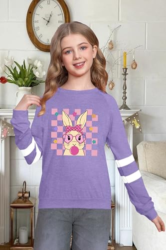 Image of LAZYCHILD Kids Easter Shirt Girls Happy Easter Shirts Rabbit Graphic Long Sleeve Striped Tee Tops 5-14 Years
