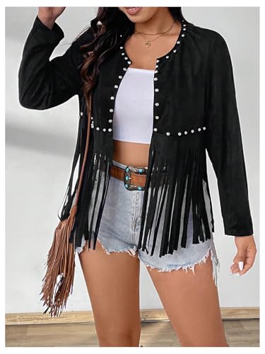 SHENHE Women's Plus Size Fringe Jacket Faux Suede Rivets Open Front Studded Western Cropped Cardigan3
