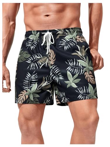Floerns Men's Tropical Print Wide Leg Swim Trunk Drawstring Quick Dry Beach Shorts