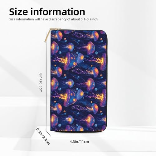 Leather Thin Slim Wallets for Women Men - Fashion Colorful Purple Jellyfish Print Card Wallet Holder with Zipper2
