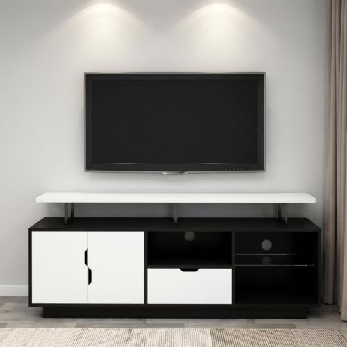 Image of GRATUS JADIS Modern TV Unit for Living Room | Wall Mounted Wooden TV Cabinet with 3 Storage Compartments, 2 Shutters, Drawer & Open Shelves | TV Stand for 43, 55 & 65 Inch TVs