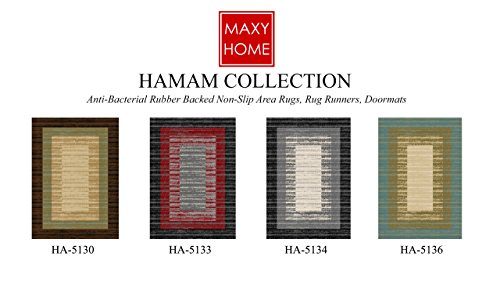 Maxy Home Rubber Backed Area Rug, 58 x 78 inch, Brown Beige Border Striped, Non Slip, Kitchen Rugs and Mats