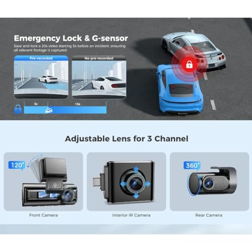 XRC TECH Câmera veicular de 3 canais para carros, gravador de vídeo 4K frontal interno e traseiro, G