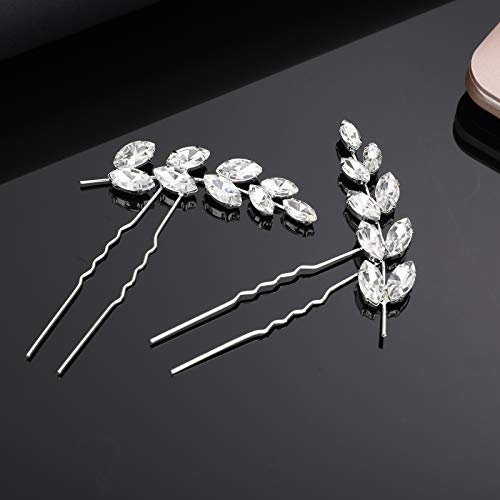 Bridal Hair Clips for Wedding Silver Flower Hair Pins Decorative Women Girls Pearl Rhinestone Hair Jewelry Accessories Crystal Leave Floral Barrettes Vintage Headpiece Bridesmaids Set 2 Pack