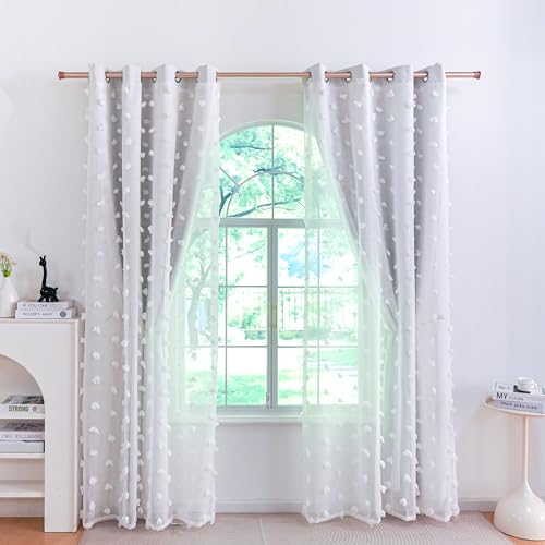 Image of Graylish White Pom Pom Curtains for Nursery Bedroom 52x54 Inch | Soft Boho Room Darkening Drapes, Grommet Privacy Double Layer Curtains for Living Room, Girls &Toddler room Decor, 2 Panels