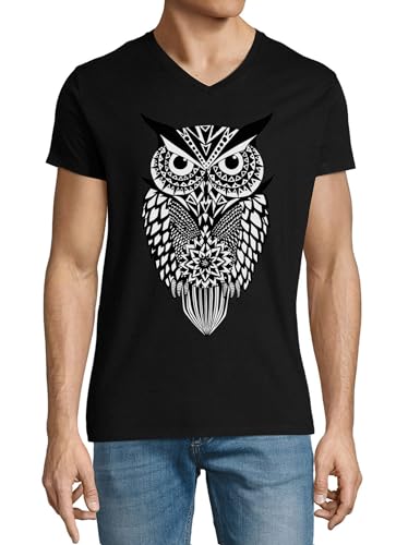 T-shirt Serious Owl Art col en V homme en coton noir premium taille M