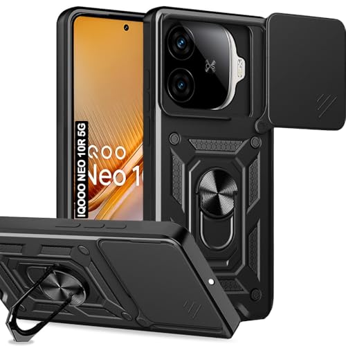 Image of AESTMO Tough Armor iQOO Neo 10R 5G Bumper Back Case Cover | Ring Holder & Sliding Camera Shield Cover | 360 Degree Protection Back Case Cover for iQOO Neo 10R 5G (Black)