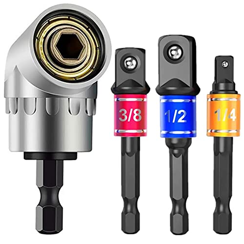 Impact Grade Power Hand Tools Driver Sockets Adapter Extension Set, 3Pcs 1/4 3/8 1/2" Hex Shank Drill Nut Driver Bit Set + 105 Degree Right Angle Driver Extension Screwdriver Drill Attachment #TOP1