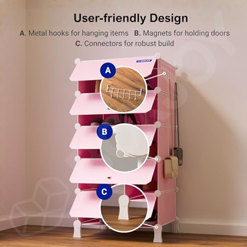 Image of BOXJOY 5 Shelf Plastic Shoe Rack with 5 Doors & 5 Hook Steel Holder (Pink) | Shoes Stand Organiser with Feet, Metal Frame Door & Wooden Hammer for Home Storage to Cover Chappal Slipper Sandals