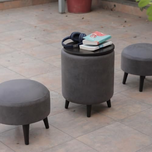 Image of Wooden Ottoman Stool Combo /Bundle for Sitting with Wooden Legs | Round Bench Coffee /Side /End Table for Living Room Furniture Home Dressing Decor - Storage Cum Seating Box (16-in Grey) 03-Pc