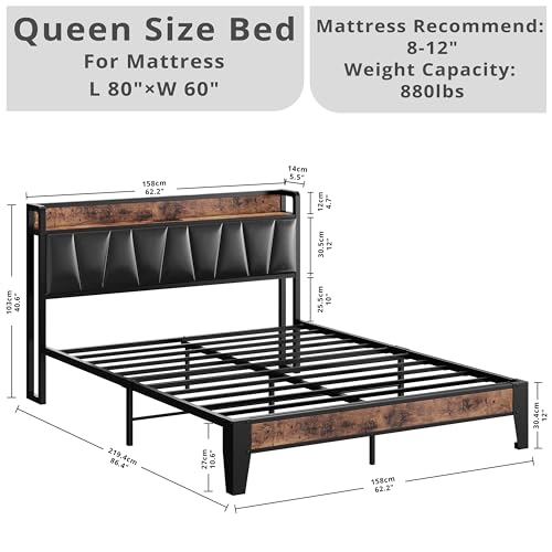 LIKIMIO Queen Bed Frame, Storage Headboard with Charging Station, Solid and Stable, Noise Free, No Box Spring Needed, Easy Assembly (Vintage and Black)