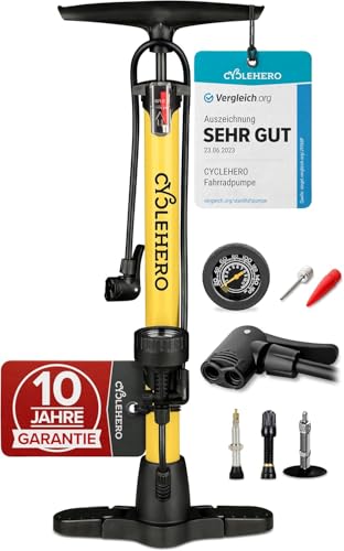 Fahrradpumpe alle Ventile * Test SEHR GUT - 10 Jahre GARANTIE * Leistungsstarke Luftpumpe Fahrrad– Fahrradpumpe Französisches Ventil - Standpumpe mit Manometer - Pumpe Standluftpumpe