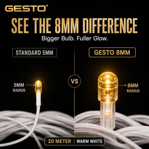 Image of Gesto 20 Meter LED String Lights - Warm White 8mm Big Led Fairy Lights for Decoration | 360 Glow Waterproof Copper Wire Lights for Home Decor Balcony Outdoor Christmas & Diwali Decoration- Pack of 5