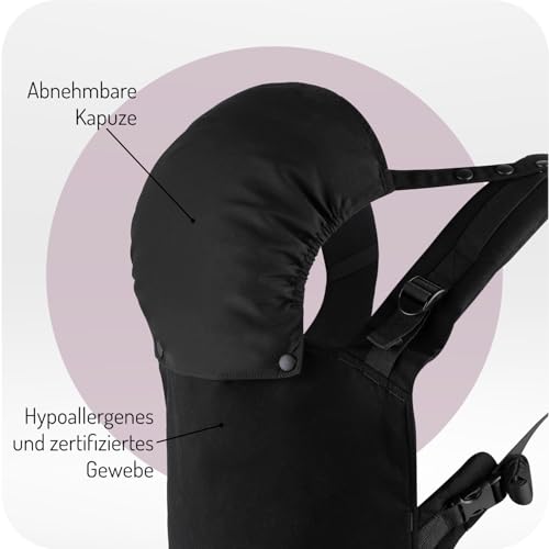 MoMi COLLET Babytrage für Kinder im Alter 3-48 Monate (4-20 kg Körpergewicht), 2 Tragepositionen mit 6 Einstellpunkten, mit Kapuze und einer Köpfchenstütze für das Baby