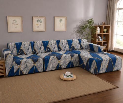 Image of Gifts Island Premium 160GSM Super Soft Colorfull Marble Stretchable Sofa Cover L Shape 7 Seater Fully Covered | Suitable for Both Left and Right Side Chaise Sofa (Colorfull Marble, 4+3 Seater)