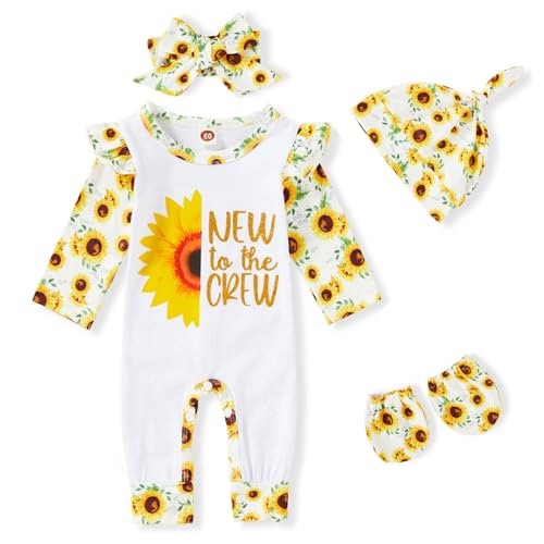 Image of GRNSHTS Newborn Baby Girl Romper Infant Letter Print Jumpsuit Floral Bodysuit+Hat+Headband+Gloves Coming Home Clothes Outfits