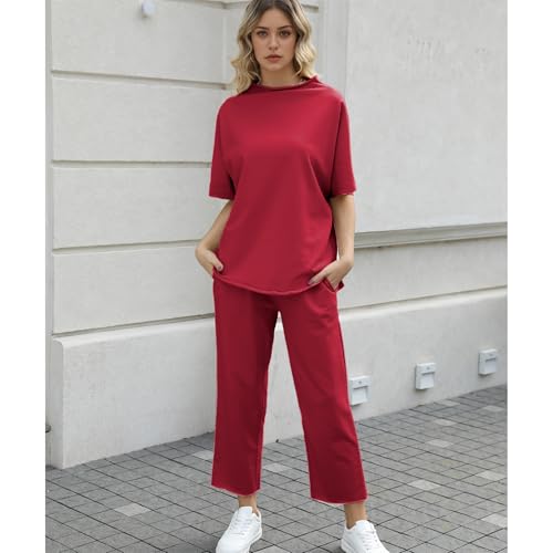 Image of SeeLuNa Women's Two Piece Outfits 3 /4 Batwing Sleeve Capelet Crew Neck Pullover Top Wide Leg Pants Lounge Set