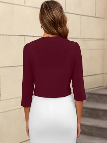 Image of Women's 3 /4 Sleeve Thin Shrugs for Dresses Burgundy Large Open Front Knit Lightweight Coat Cropped Tops Shawls and Wraps Cardigan Dressy Sweater Clothes