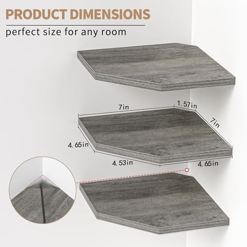 Image of Fun Memories Corner Shelf Wall Mount, Floating Corner Shelves, Set of 6 Corner Wall Shelf Organizer, Rustic Wood Wall Storage Display Shelves for Living Room Bedroom Bathroom Kitchen, Rustic Grey