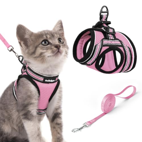 Image of rabbitgoo Cat Harness and Leash Set, Step-in Soft Vest, Pink | Escape Proof, Lightweight, Easy-on & Adjustable, Hook & Loop with Buckle, Reflective, for Kittens & Small Cats Walks, S