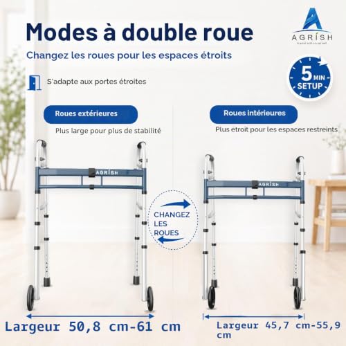 Agrish Déambulateur Étroit pour Espaces Réduits, Largeur 5 Niveaux Hauteur 10 Niveaux Réglable, Deambulateur 2 Roues Pliable Leger Adulte pour Portes Étroites, Deambulateur d Interieur – vue 4