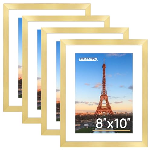 FIXSMITH 8x10 Picture Frame Bulk-4 Pack Gold Picture Frames Collage Wall Decor Wall & Tabletop Picture Frames Photo Frame with HD Plexiglass Display Pictures 5x7 with Mat or 8x10 Without Mat