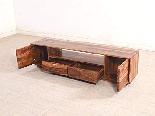 Image of DRIFTINGWOOD Malvina Sheesham Wood Sideboard Low Height TV Cabinet for Living Room | Wooden Free Standing TV Unit Side Board Table with 2 Drawer, 2 Door Cabinet & Shelf Storage | Teak Brown