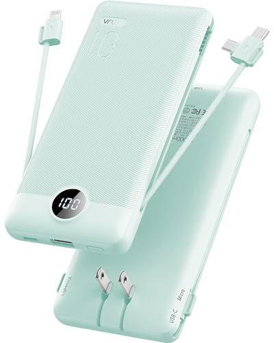 VRURC Portable Charger Built-in Cables and AC Wall Plug, USB C Power Bank 10000mAh, Travel Battery Portable Phone Charger Compact Lightweight External Battery Pack for Smart Phones, Tablets etc-Green