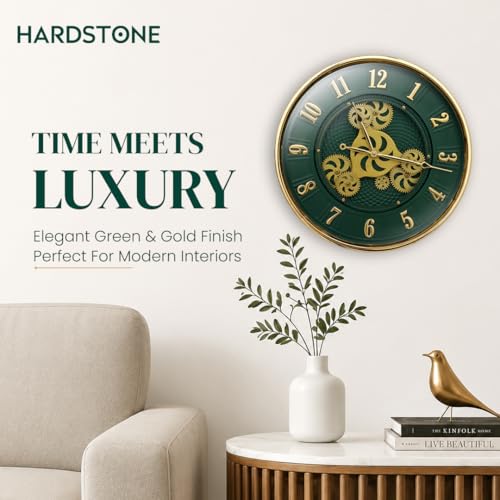 Image of HARDSTONE Premium Luxury Wall Clock Silent Non-Ticking Mechanism Elegant Green & Gold Design Modern Decorative Timepiece for Living Room, Bedroom & Office Decor 16 Inch