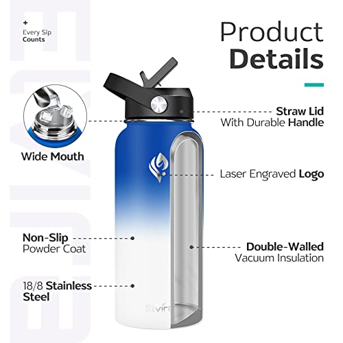 Elvira 32Oz Vacuum Insulated Stainless Steel Water Bottle With Straw & Spout Lids, Double Wall Sweat-Proof Bpa Free To Keep Beverages Cold For 24Hrs Or Hot For 12Hrs-Blue/White Gradient #TOP4